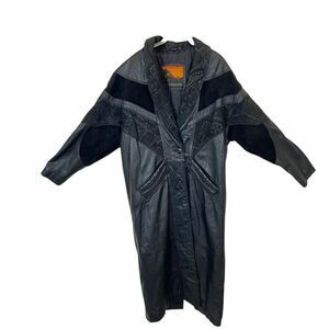 Leather Trench Coat Vintage Outbrook Women's Black Genuine Funky Retro Long sz M